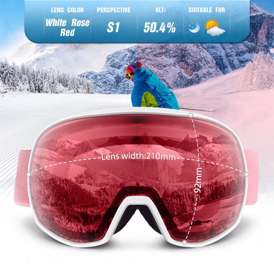Red and silver polarized anti-fog ski goggles